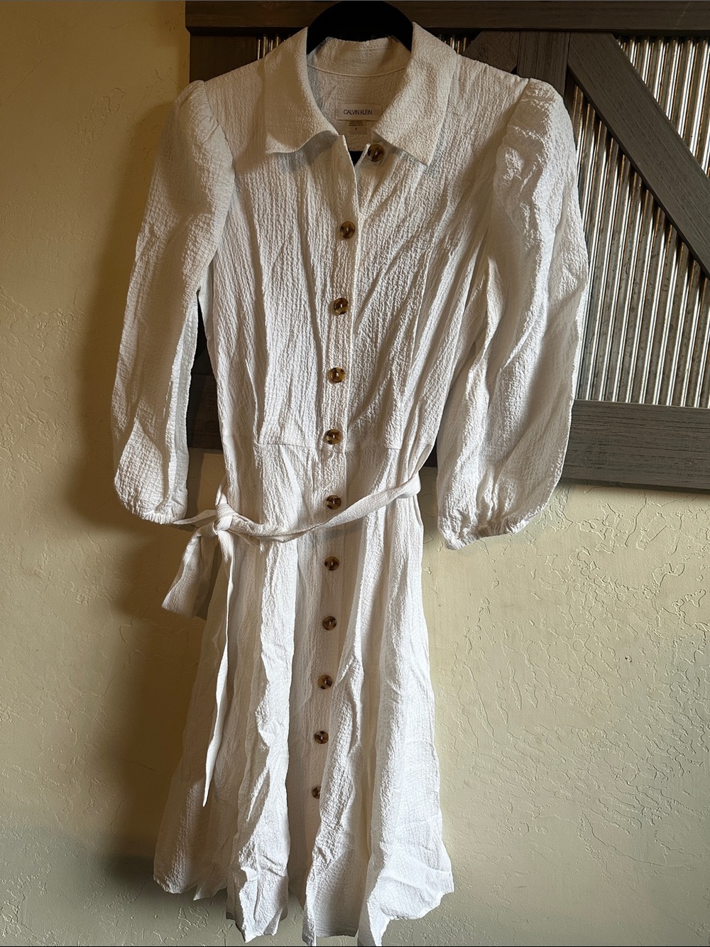 Calvin Klein White Textured Button-Front Midi Dress with Tie Waist